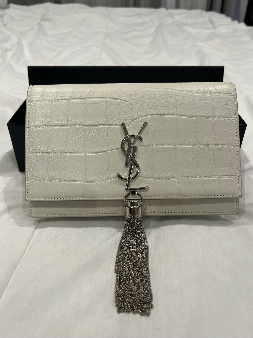 Saint Laurent Monogram Kate Wallet White Croc-Embossed Tassel Chain - Picture 9 of 10